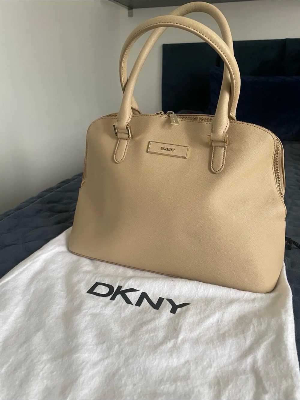 DKNY Beige Leather Satchel with Gold Hardware